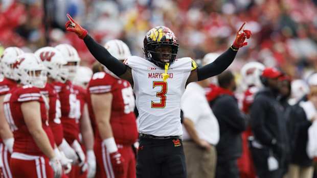 Nov 5, 2022; Madison, Wisconsin, USA; Maryland Terrapins defensive back Deonte Banks (3) reacts following a play during the third quarter against the Wisconsin Badgers at Camp Randall Stadium. Mandatory Credit: Jeff Hanisch-USA TODAY Sports